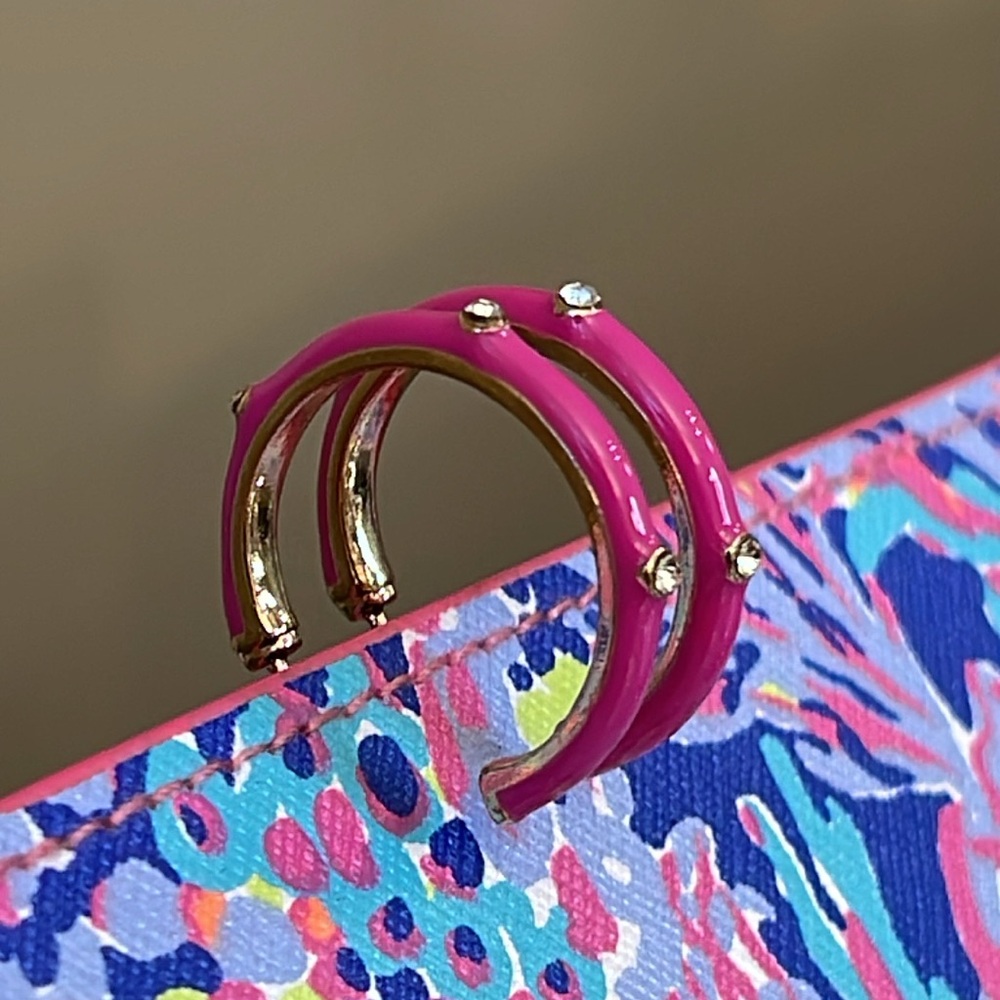 Boutique Style Hot Pink - Fuchsia Enamel Hoops with Rhinestone Accents. - Picture 3 of 16